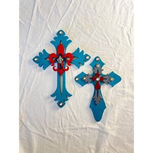 Pair of Turquoise Layered Wall Crosses – Rhinestones & Red Fleur-de-Lis